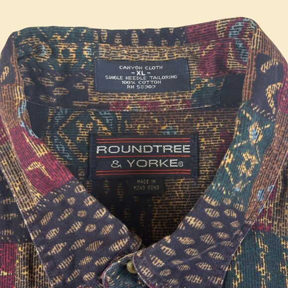 90s XL geometric mens shirt, Roundtree & Yorke, vintage blue/green abstract top - Picture 4 of 7